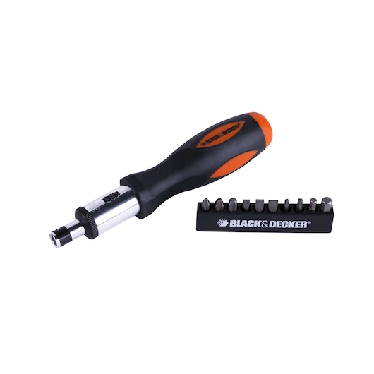 BLACKDECKER 71-911E ratcheting screwdriver set with black and orange handle, assorted bits, front angle on white.