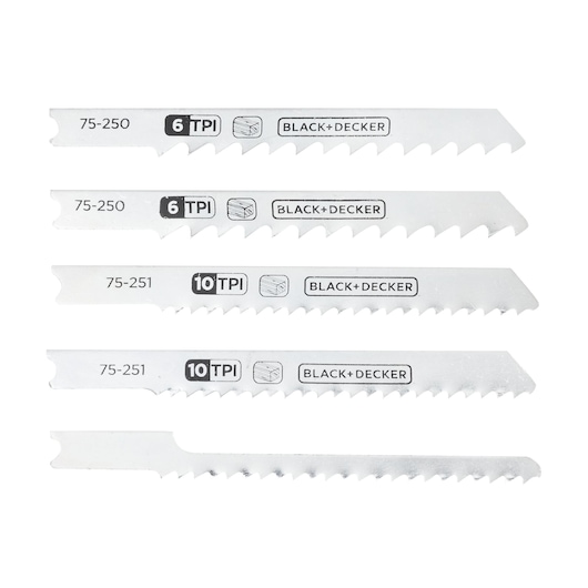 BLACK+DECKER 75-530 jigsaw blade set, five silver blades, photographed on white background.