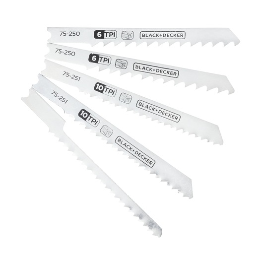 BLACK+DECKER 75-530 jigsaw blade set, five silver blades with 6 and 10 TPI, photography with white background.
