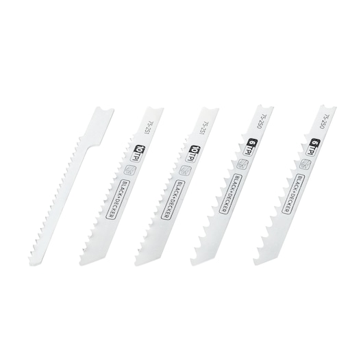 Photo of BLACK+DECKER 75-530 jigsaw blades set, five silver blades with different tooth patterns, angled on white background.