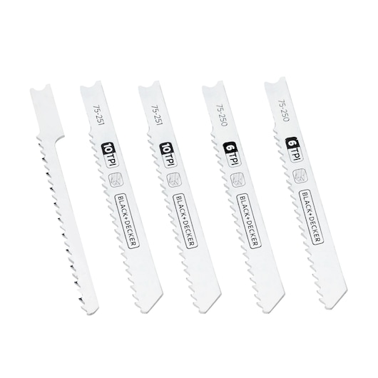 BLACK+DECKER 75-530 jigsaw blades set of five, silver metal, assorted tooth patterns, angled view.