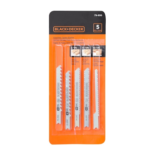 A package of BLACK+DECKER assorted jigsaw blades, SKU 75-530, containing 5 blades for various cutting applications. The packaging is orange and black, with the blades visible through a clear plastic cover.