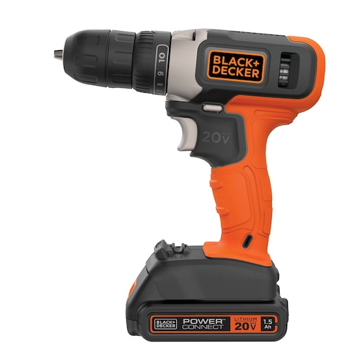 Photo of BLACK+DECKER cordless drill BCD702C1, 20V orange and black, side view on white background.