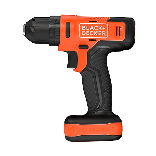 BLACKDECKER BCD712VHD cordless drill, black and orange finish, side angle on white background.