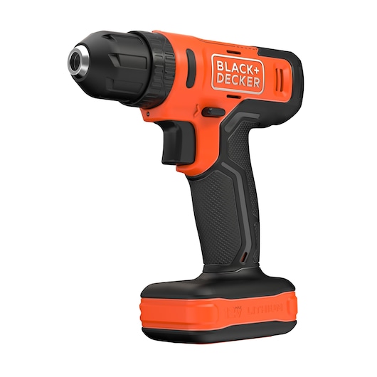 BLACKDECKER BCD712VHD cordless drill, orange and black, side angle on white background.