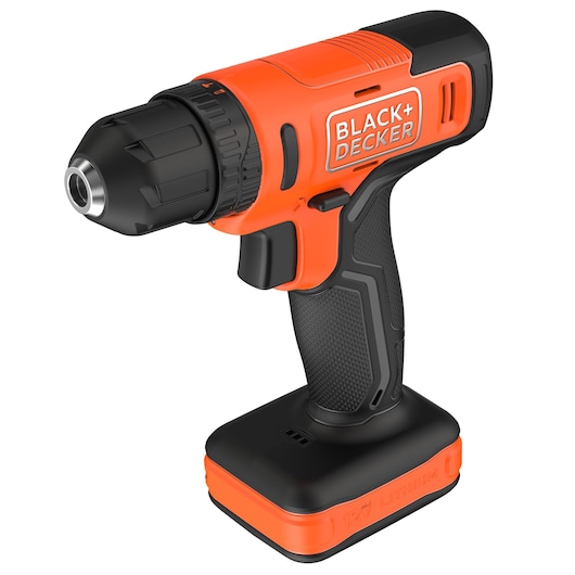 Photo of BLACKDECKER BCD712VHD cordless drill, orange and black, side angle on white background.