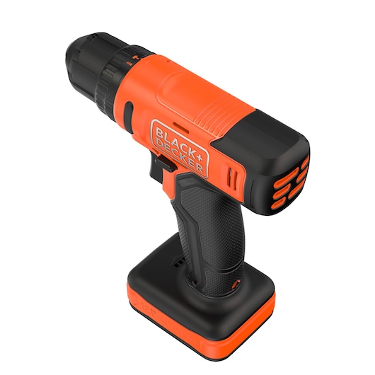 Photo of a BLACK+DECKER BCD712VHD cordless drill, orange and black, angled on white background.