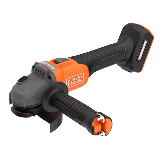 BLACKDECKER BCG6L8B cordless angle grinder with orange and black handle, product side angle, white background.