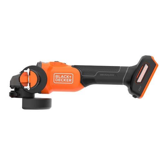 BLACKDECKER BCG6L8B orange and black cordless angle grinder, side view on white background.