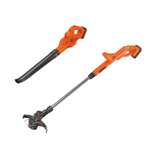 BLACKDECKER BCK279D1 cordless orange leaf blower and string trimmer set, side view, white background.