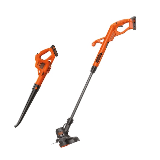 BLACKDECKER BCK279D1 orange cordless string trimmer and blower set, front view on white background.