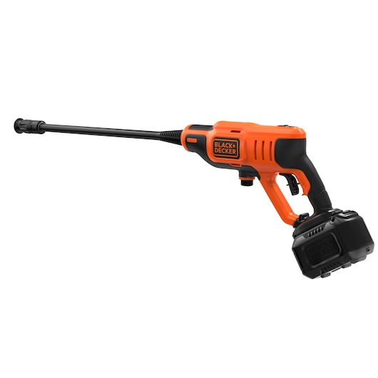 Photo of BLACKDECKER BCPC20D1 cordless orange and black pressure washer, side angle on white background.