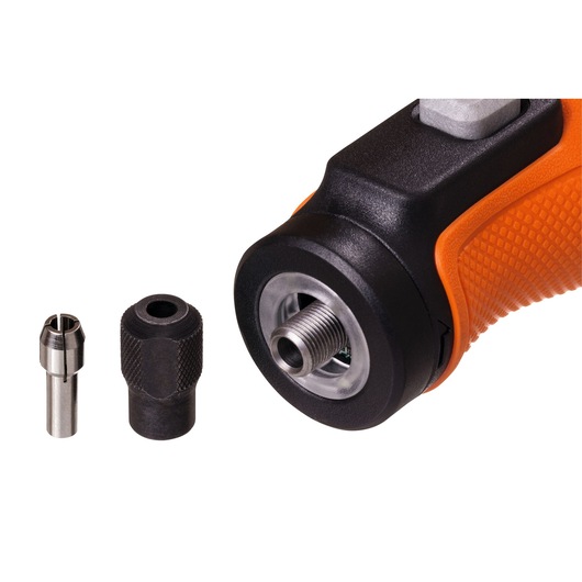 BLACKDECKER BCRT8K35 rotary tool close-up with metal collet and nut on white background.