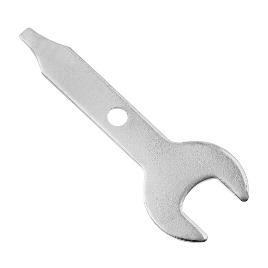 BLACKDECKER BCRT8K35 silver combination wrench with open end and flathead tip, product photography on white background.