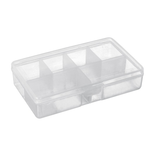 BLACKDECKER BCRT8K35 clear plastic organizer box with compartments, angled view on white background.