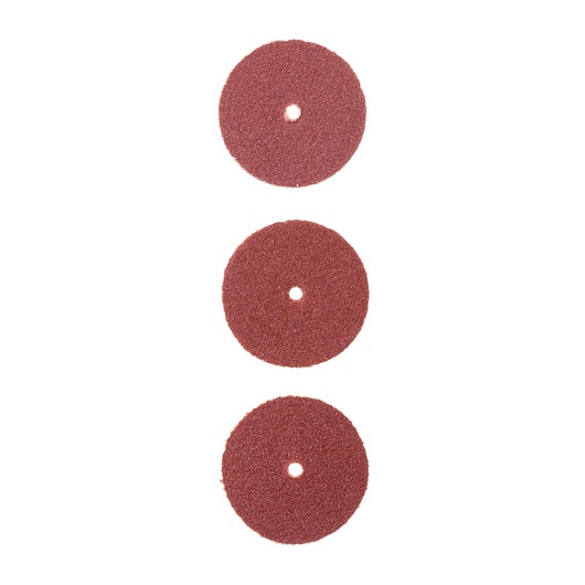 BLACKDECKER BCRT8K35 set of three round brown sanding discs with center holes, top view, white background.