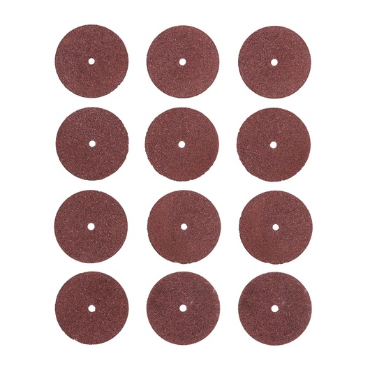 BLACKDECKER BCRT8K35 set of twelve brown abrasive cutting discs, top view on white background.