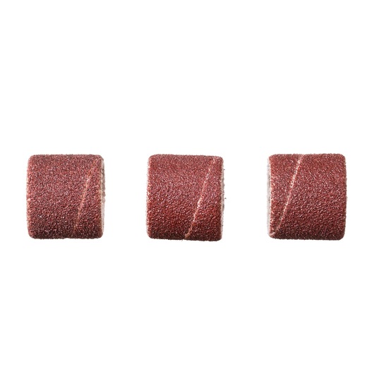 Photo of three BLACKDECKER BCRT8K35 brown cylindrical sanding bands on white background, front angle.