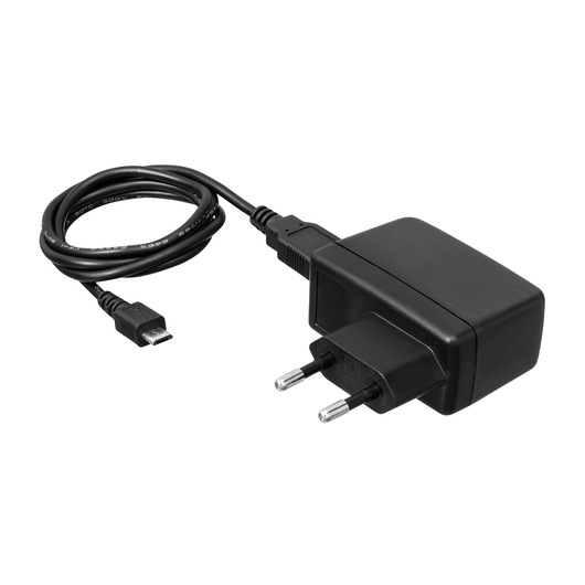 BLACKDECKER BCRT8K35 black plug-in power adapter with Europlug and attached micro USB cable, angled on white background.