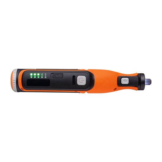 BLACKDECKER BCRT8K35 orange and black cordless electric screwdriver with LED indicator, side view on white background.