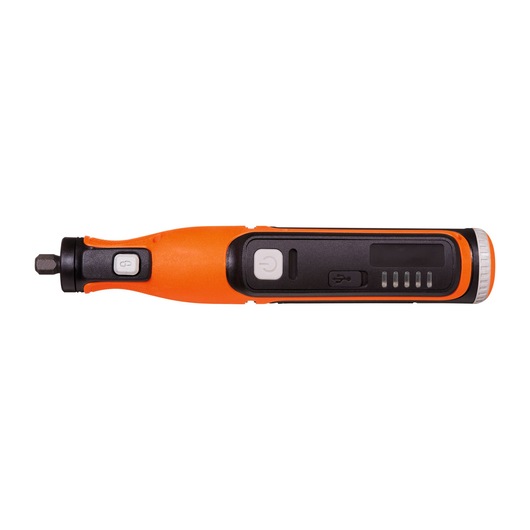 BLACKDECKER BCRT8K35 cordless orange and black electric screwdriver side view on white background.