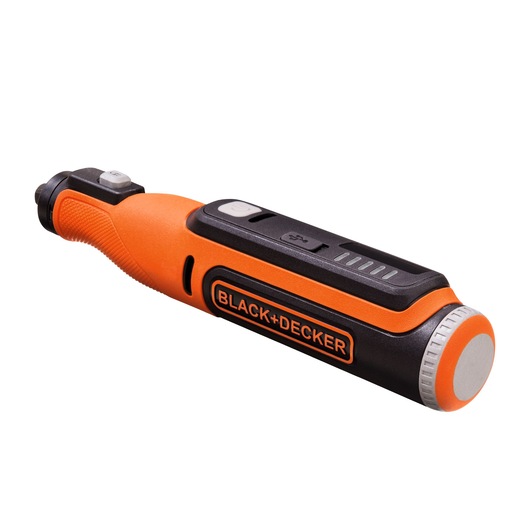 Photo of BLACK+DECKER BCRT8K35 orange and black cordless ratcheting screwdriver, angled on white background.