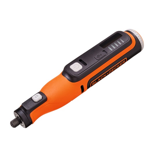 BLACK+DECKER BCRT8K35 orange and black cordless screwdriver with LED indicator, product angle on white background.