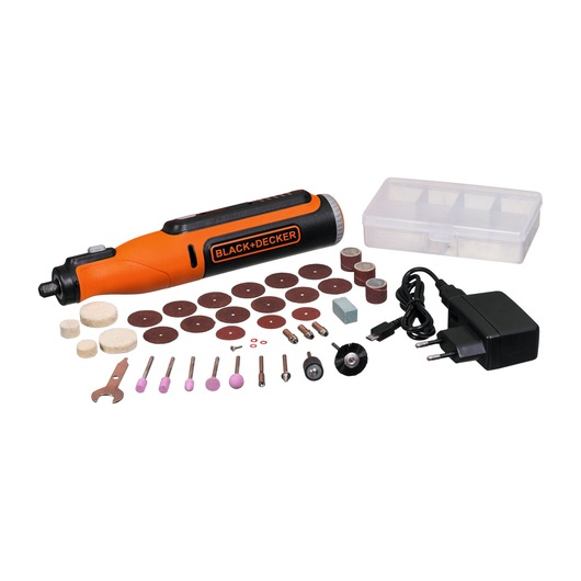 BLACK+DECKER BCRT8K35 rotary tool kit with orange and black tool, multiple accessories, charger and storage case, front angle.