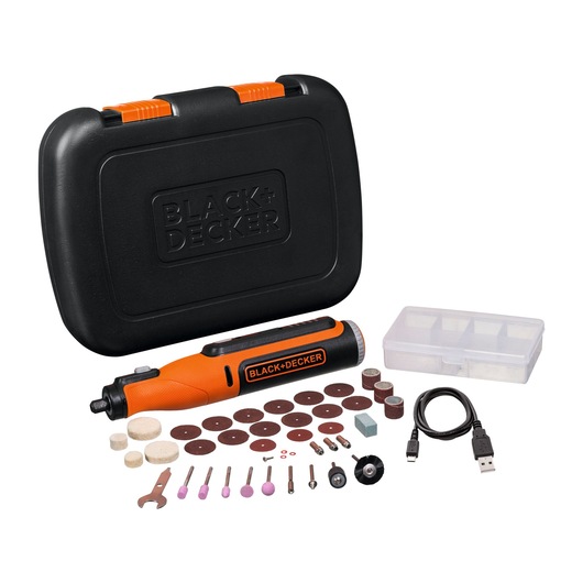 BLACK+DECKER BCRT8K35 rotary tool kit with orange and black tool, assorted accessories, USB cable, storage cases, front view.