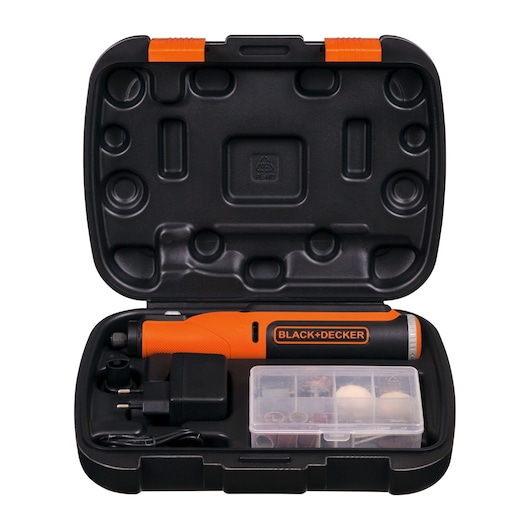 A BLACK+DECKER rotary tool kit in a black hard carrying case. The kit includes an orange and black rotary tool, a charger, various accessories stored in a transparent plastic box, and different tool parts arranged neatly inside the case.