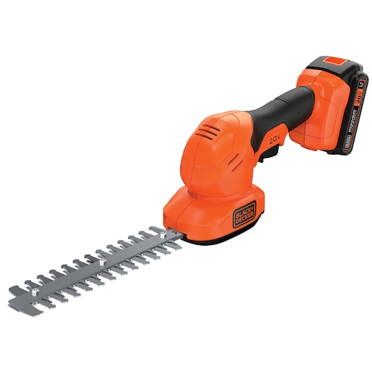 BLACKDECKER BCSS820C1 orange cordless shrub shear with black handle, front angle, white background.