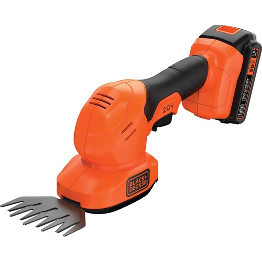 Photo of BLACKDECKER BCSS820C1 cordless grass shear in orange and black, side angle on white background.