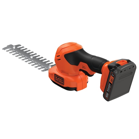 Photo of BLACK+DECKER BCSS820C1 cordless hedge trimmer, orange and black, side angle on white background.