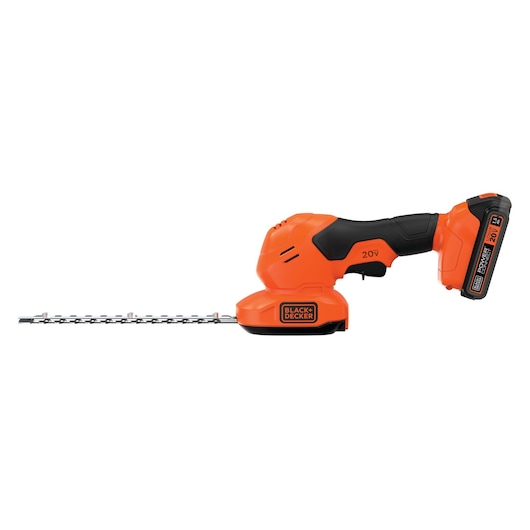 BLACK+DECKER BCSS820C1 cordless shrub and grass shear, orange and black, side view on white background.
