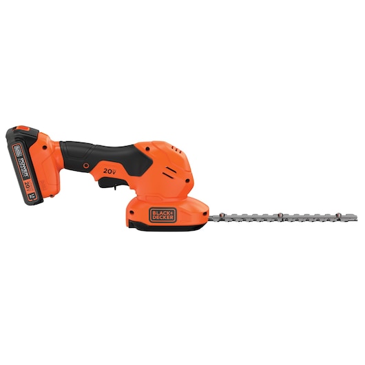 Photo of BLACKDECKER BCSS820C1 cordless shrub shear, orange and black, side view on white background.