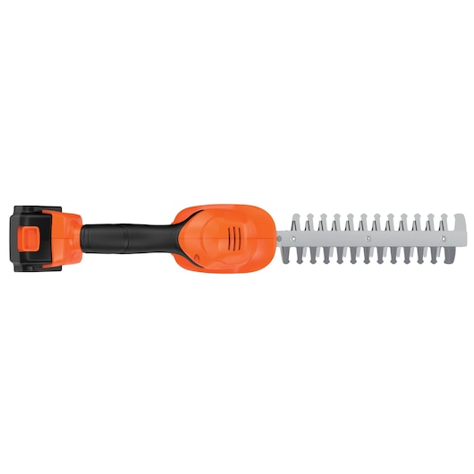 BLACKDECKER BCSS820C1 cordless orange hedge trimmer, top angle on white background