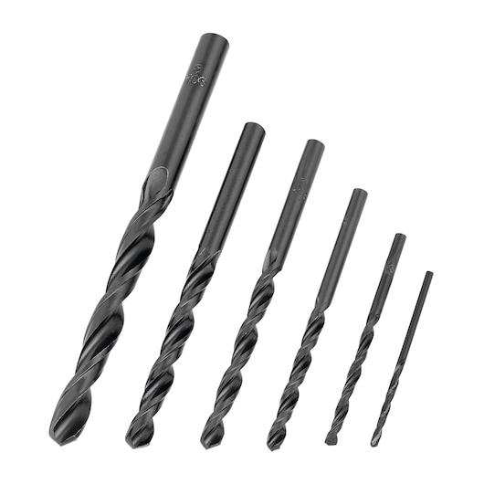 BLACKDECKER BD0060CS set of six black metal twist drill bits, photography on white background.