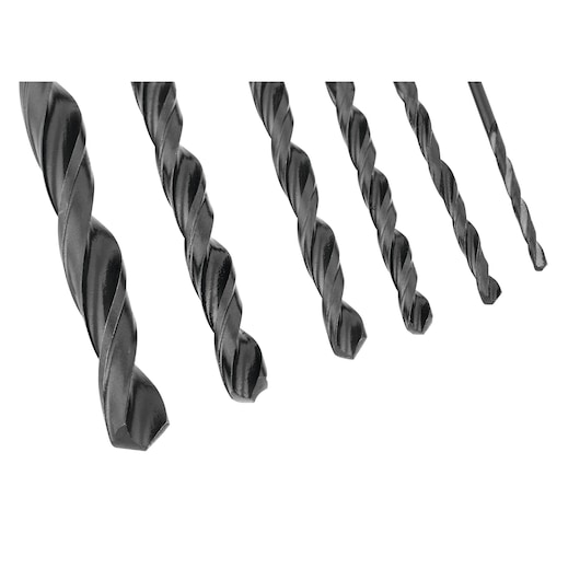 BLACKDECKER BD0060CS drill bit set, six black twist drill bits, front angle on white background.