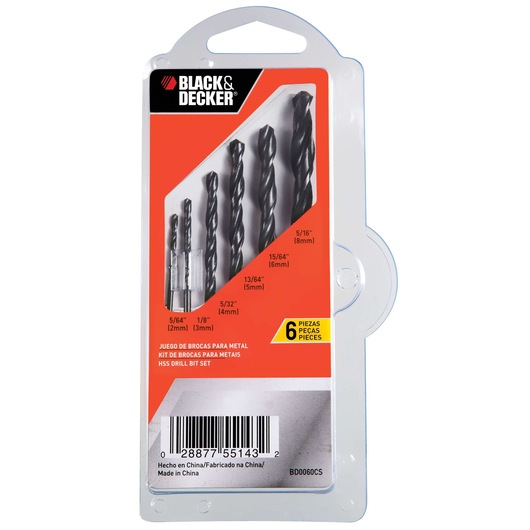 BLACK+DECKER HSS drill bit set for metal, packaged in a plastic casing. The set includes six drill bits of various sizes, as indicated on the front of the package: 5/64 inch (2mm), 1/8 inch (3mm), 5/32 inch (4mm), 13/64 inch (5mm), 15/64 inch (6mm), and 5/16 inch (8mm). The packaging features an orange and black label with product details and a barcode.