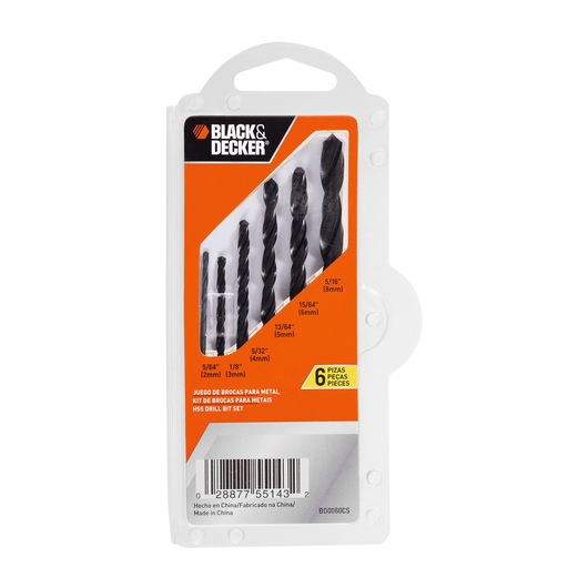 BLACK+DECKER metal drill bit set in a transparent plastic package with orange label. The package contains six drill bits of different sizes, displayed vertically, and includes size markings and product information.