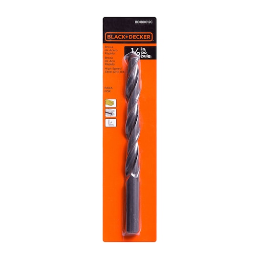 BLACK+DECKER high speed steel drill bit, 1/2 inch size, packaged in an orange and black card for use with wood, metal, and plastic.