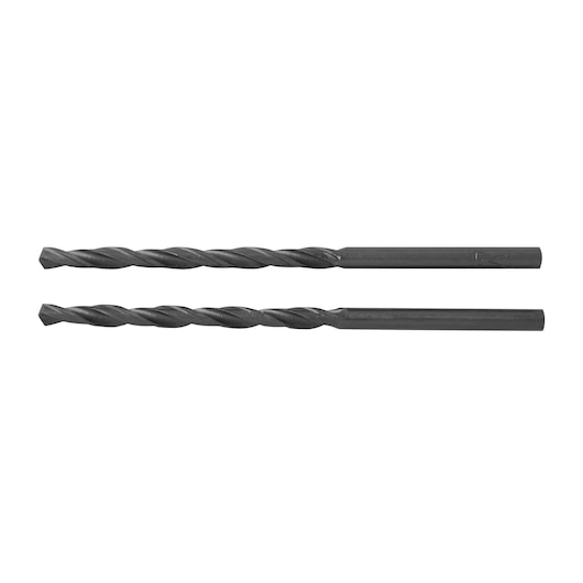 BLACKDECKER BD180018C set of two black hex shank drill bits, photography, side angle, white background.