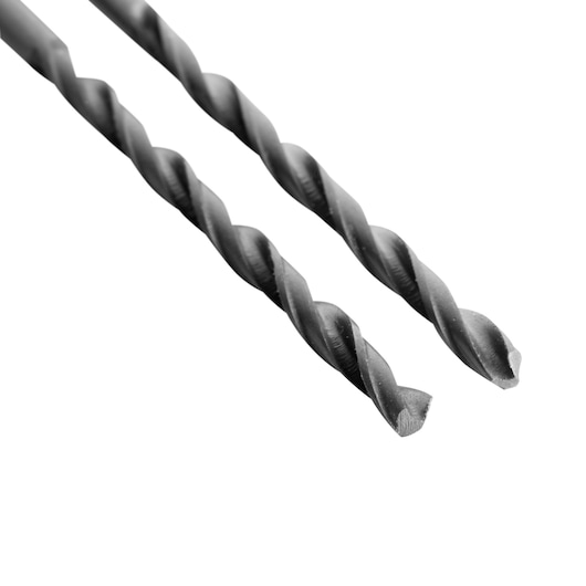 BLACKDECKER BD180018C photography of two black metal twist drill bits, close-up on white background.