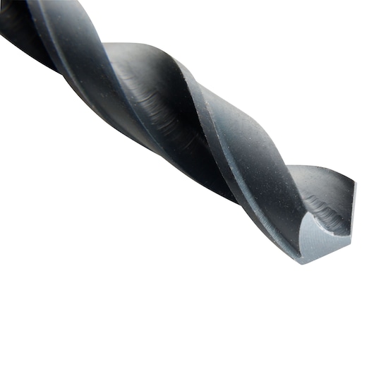 BLACKDECKER BD180038C steel drill bit close-up on white background, photography of twist design and sharp tip.