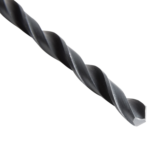 BLACKDECKER BD180316C black metal twist drill bit close-up on white background, focused on cutting tip.