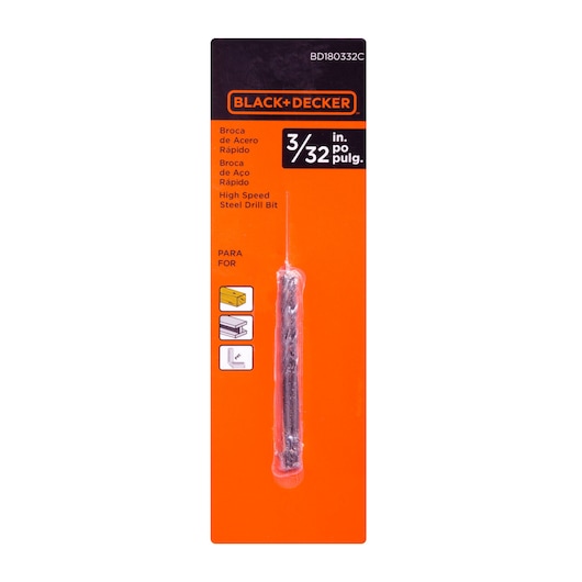 A BLACK+DECKER high speed steel drill bit (3/32 inch) in its retail packaging. The packaging is mostly orange and black, showing product details and icons indicating usage for wood, metal, and plastic.