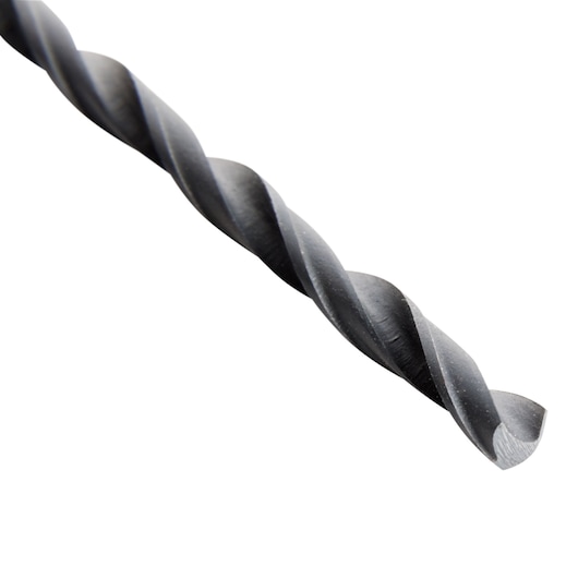 BLACKDECKER BD180532C metal drill bit close-up on white background, showing black spiral flutes.