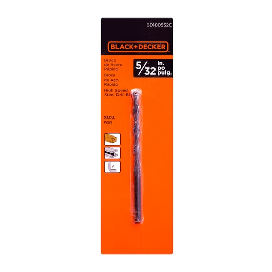 BLACK+DECKER high speed steel drill bit in packaging, labeled 5/32 inch, suitable for wood, metal, and plastic. The package features orange and black colors with product information and usage icons.