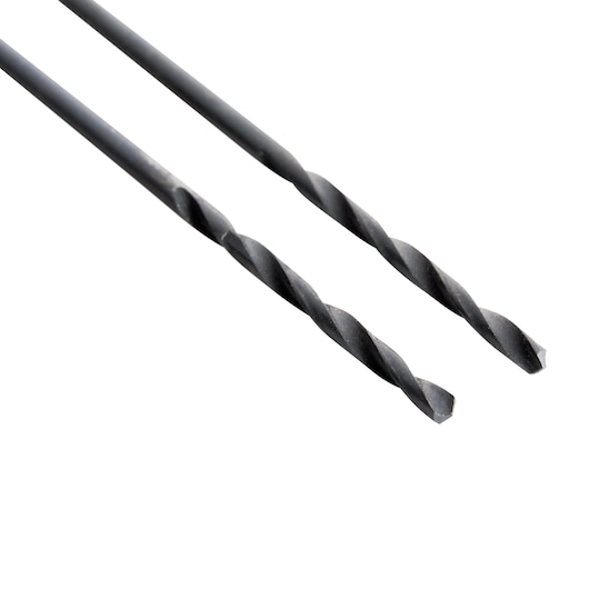 BLACK+DECKER BD180564C two black twist drill bits, photography, side angle on white background.