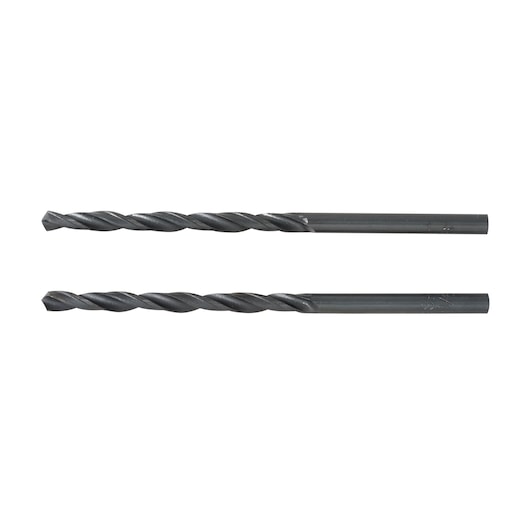 Photo of two BLACKDECKER BD180964C metal drill bits, side view on white background.